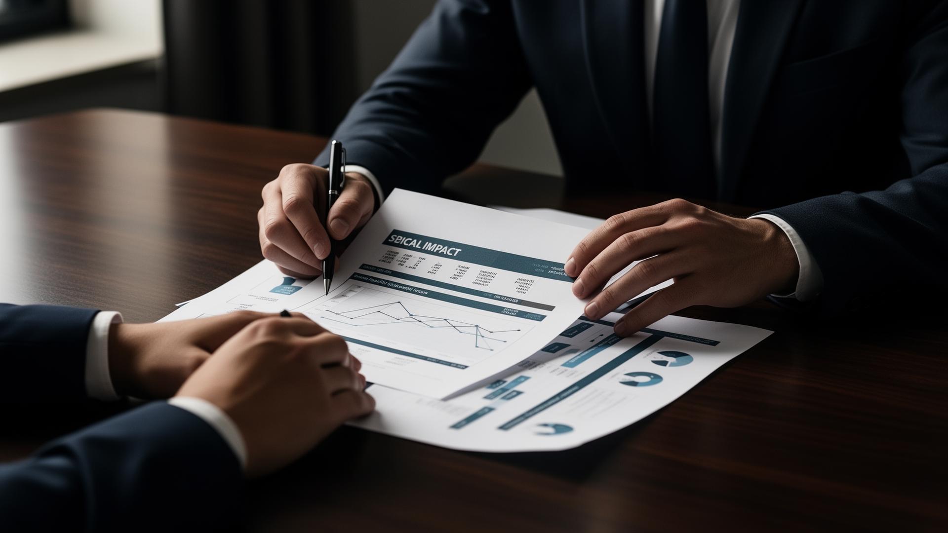 Professionals reviewing impact reports across a conference table