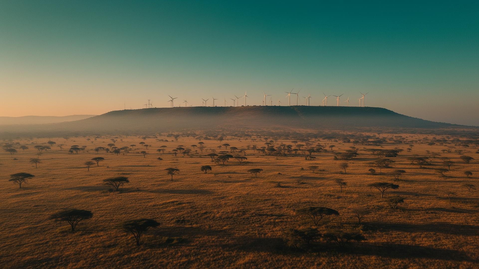 Wind turbines on a distant ridge above an East African savanna at golden hour