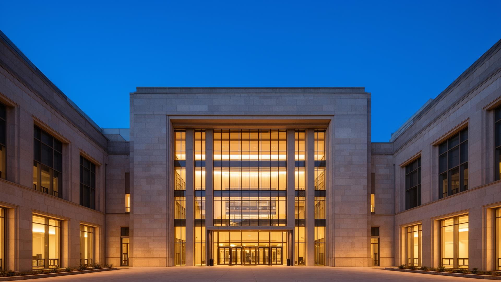 Institutional architecture at dusk symbolising governance and permanence